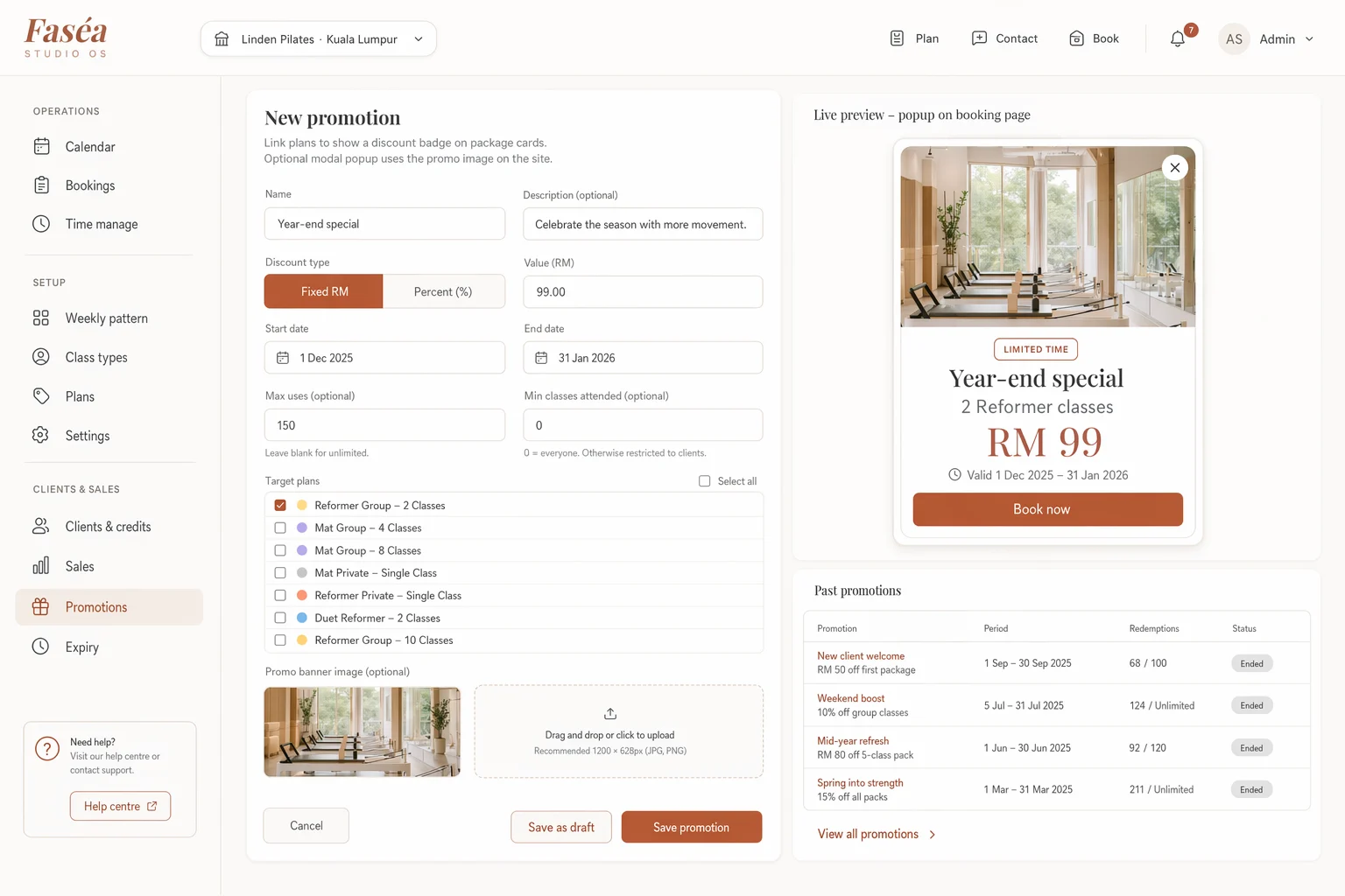 Faséa promotion builder with live preview