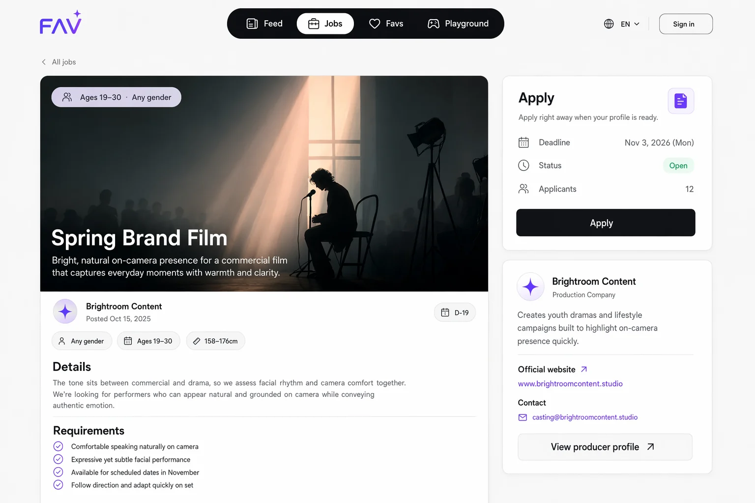 FAV audition detail with apply card